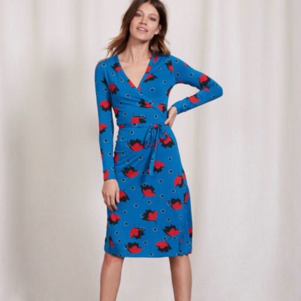 Boden jacquard floral blue Jersey wrap dress